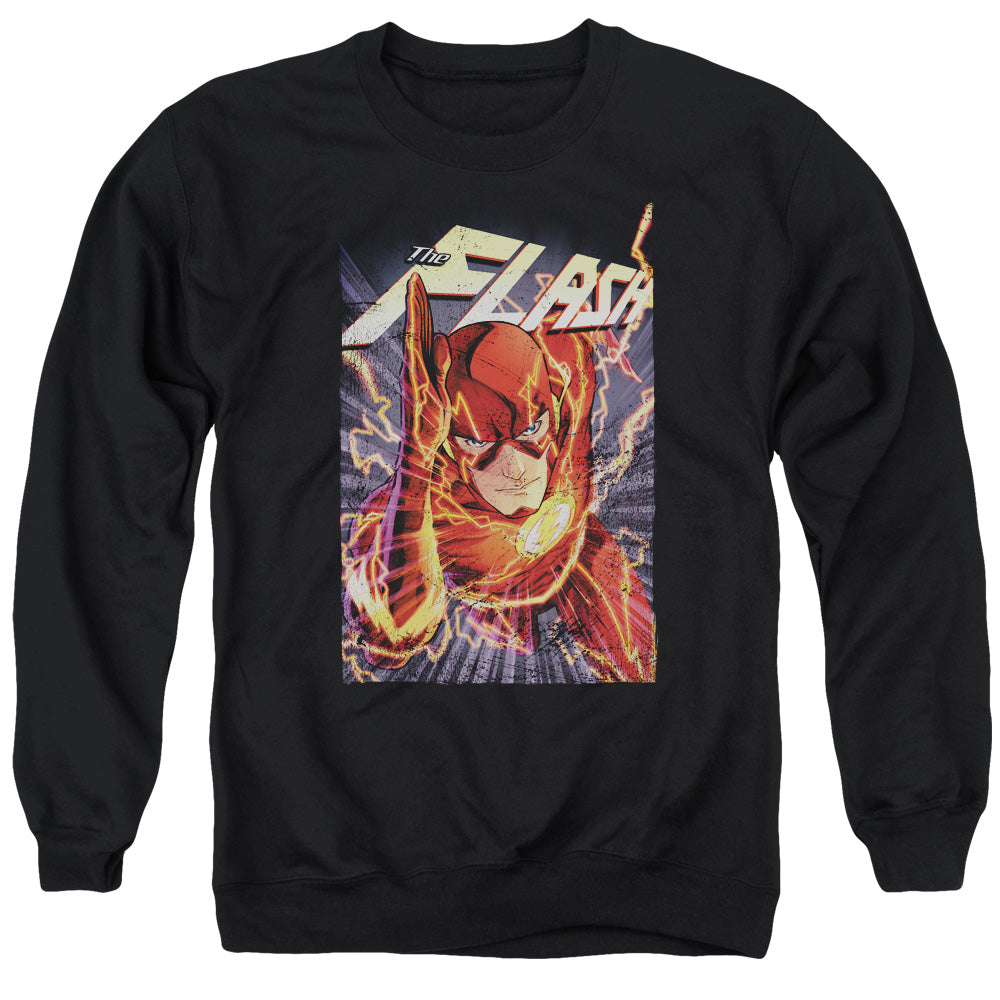 AN OFFCIALLY LICENSED JLA FLASH ONE ADULT UNISEX CREWNECK SWEATSHIRT BLACK