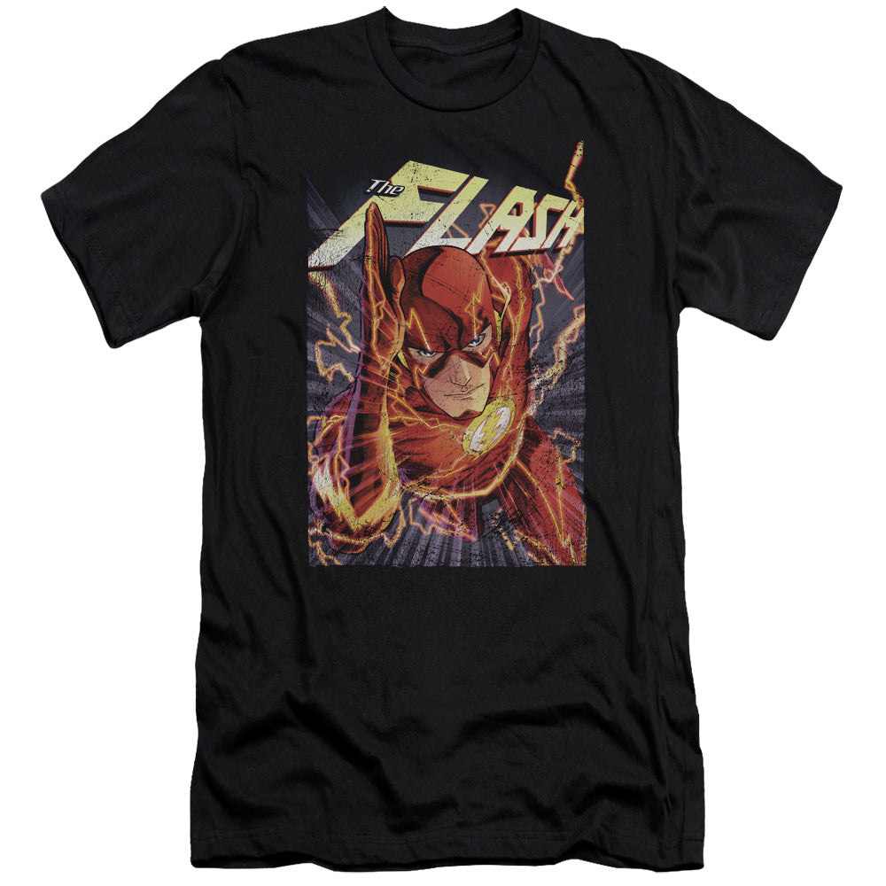 AN OFFCIALLY LICENSED JLA FLASH ONE MEN'S PREMIUM SLIM FIT T-SHIRT BLACK