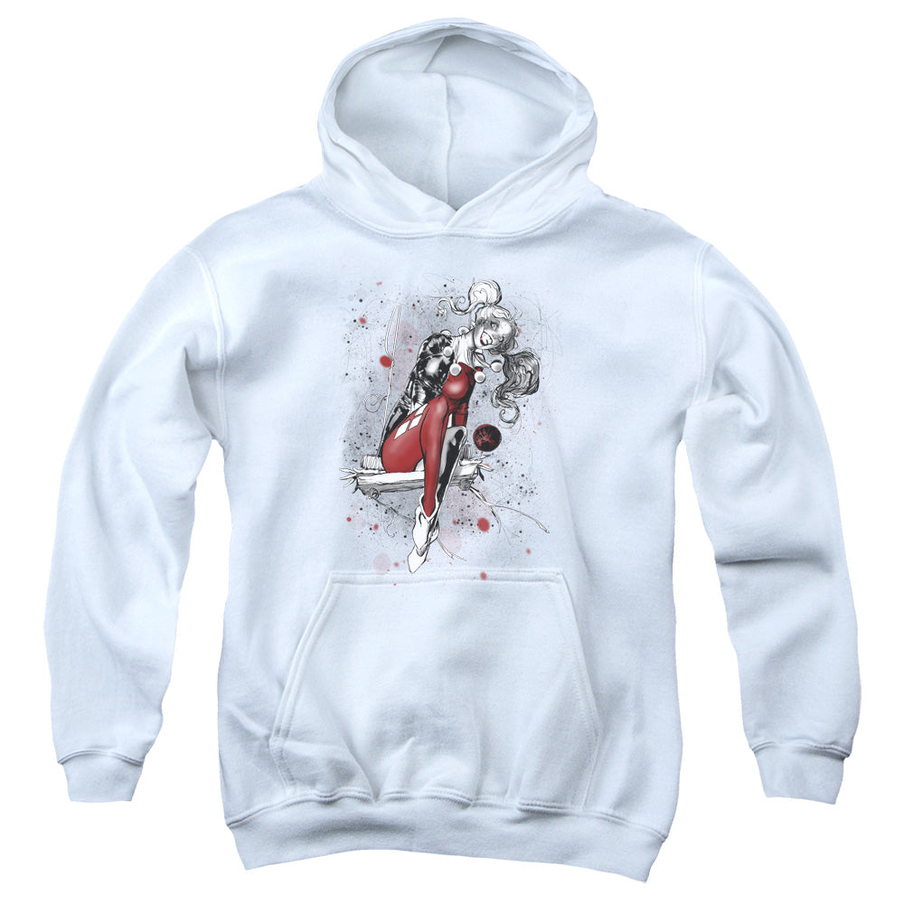 AN OFFCIALLY LICENSED JLA HARLEY SKETCH YOUTH HOODIE WHITE
