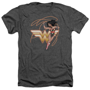AN OFFCIALLY LICENSED JLA GLOWING LASSO MEN'S HEATHER T-SHIRT CHARCOAL