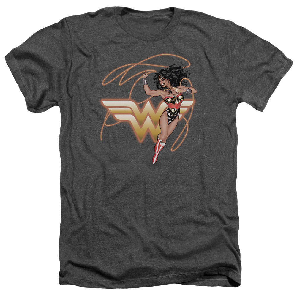 AN OFFCIALLY LICENSED JLA GLOWING LASSO MEN'S HEATHER T-SHIRT CHARCOAL