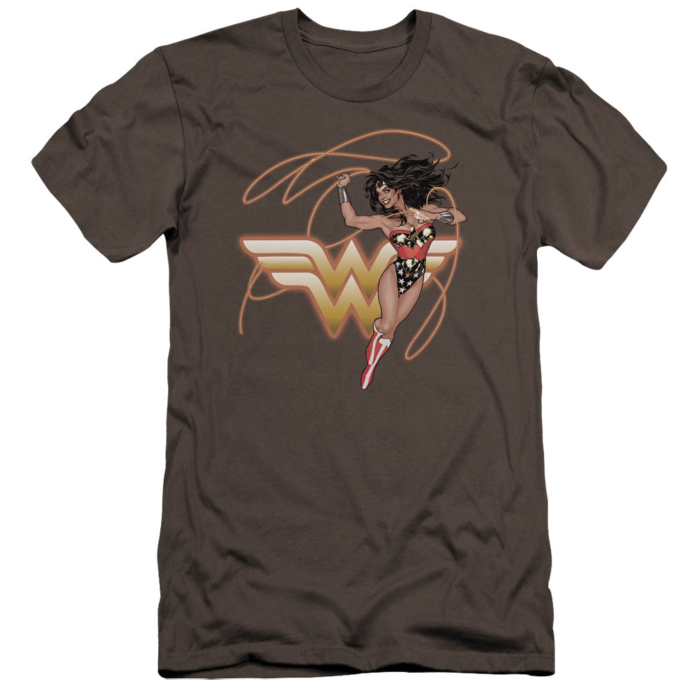 AN OFFCIALLY LICENSED JLA GLOWING LASSO MEN'S PREMIUM SLIM FIT T-SHIRT CHARCOAL