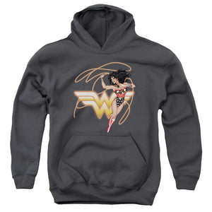 AN OFFCIALLY LICENSED JLA GLOWING LASSO YOUTH HOODIE CHARCOAL