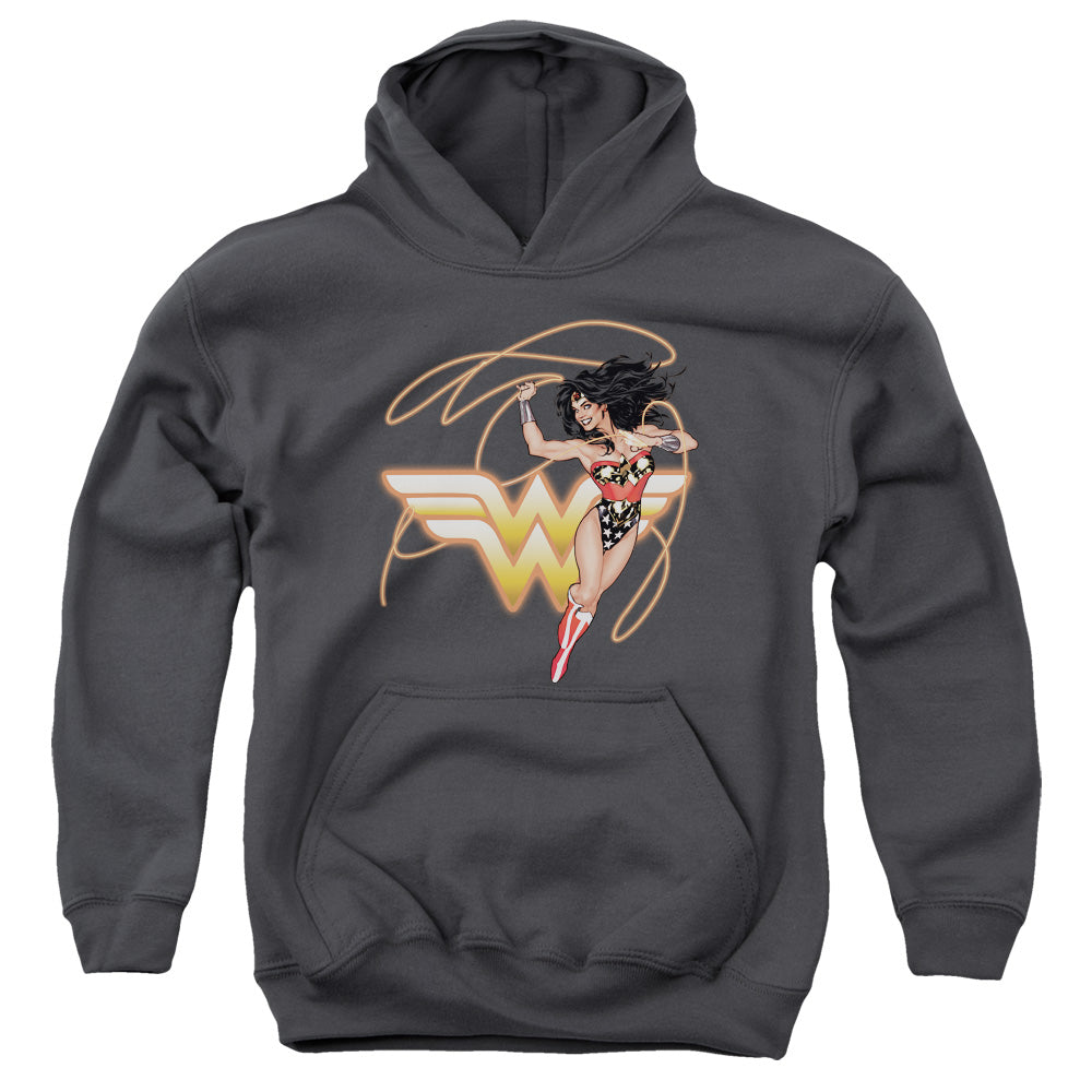 AN OFFCIALLY LICENSED JLA GLOWING LASSO YOUTH HOODIE CHARCOAL