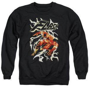 AN OFFCIALLY LICENSED JLA ELECTRIC RUN ADULT UNISEX CREWNECK SWEATSHIRT BLACK