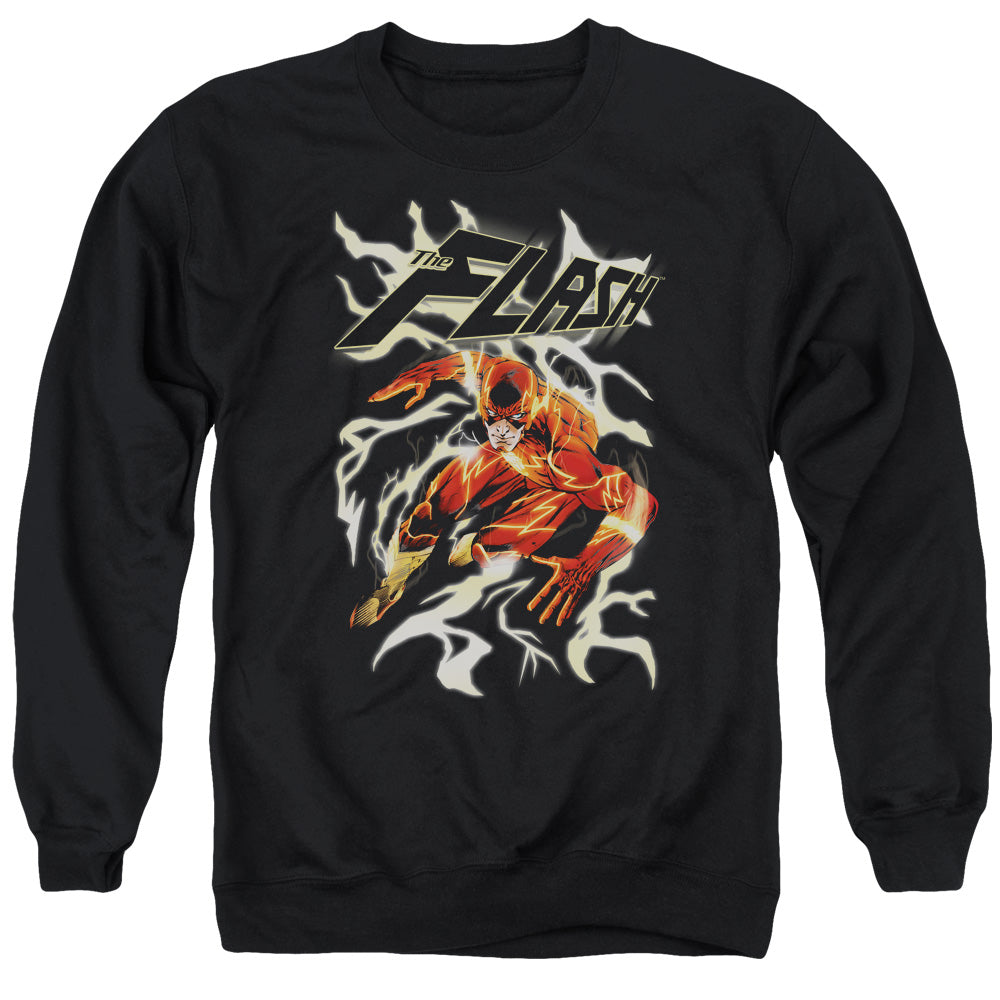 AN OFFCIALLY LICENSED JLA ELECTRIC RUN ADULT UNISEX CREWNECK SWEATSHIRT BLACK