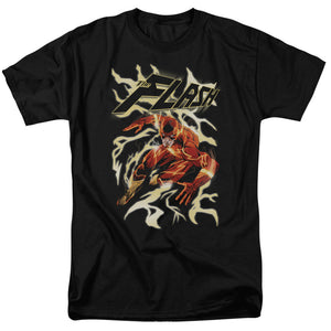 AN OFFCIALLY LICENSED JLA ELECTRIC RUN MEN'S REGULAR FIT T-SHIRT BLACK