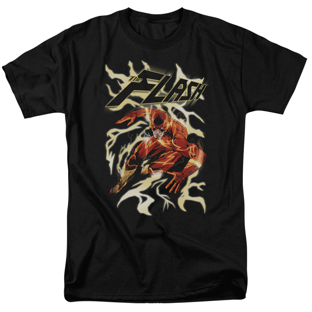 AN OFFCIALLY LICENSED JLA ELECTRIC RUN MEN'S REGULAR FIT T-SHIRT BLACK