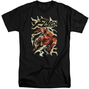 AN OFFCIALLY LICENSED JLA ELECTRIC RUN MEN'S TALL FIT T-SHIRT BLACK