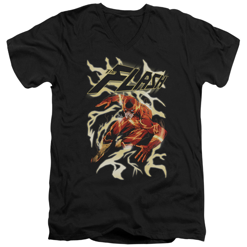 AN OFFCIALLY LICENSED JLA ELECTRIC RUN MEN'S V-NECK T-SHIRT BLACK