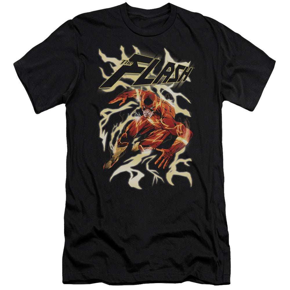 AN OFFCIALLY LICENSED JLA ELECTRIC RUN MEN'S PREMIUM SLIM FIT T-SHIRT BLACK