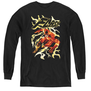 AN OFFCIALLY LICENSED JLA ELECTRIC RUN YOUTH LONG SLEEVE T-SHIRT BLACK