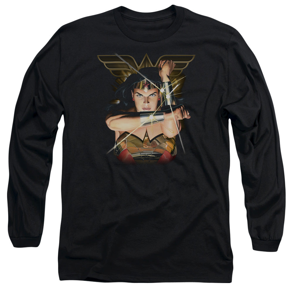 AN OFFCIALLY LICENSED JLA DEFLECTION MEN'S LONG SLEEVE T-SHIRT BLACK