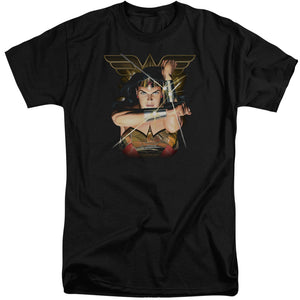 AN OFFCIALLY LICENSED JLA DEFLECTION MEN'S TALL FIT T-SHIRT BLACK