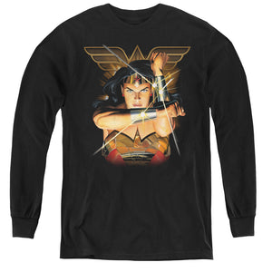 AN OFFCIALLY LICENSED JLA DEFLECTION YOUTH LONG SLEEVE T-SHIRT BLACK