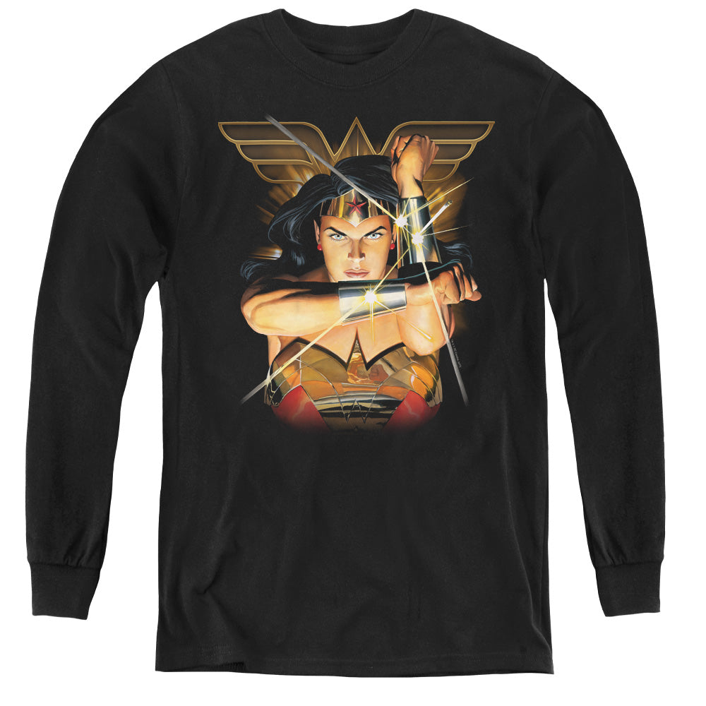 AN OFFCIALLY LICENSED JLA DEFLECTION YOUTH LONG SLEEVE T-SHIRT BLACK
