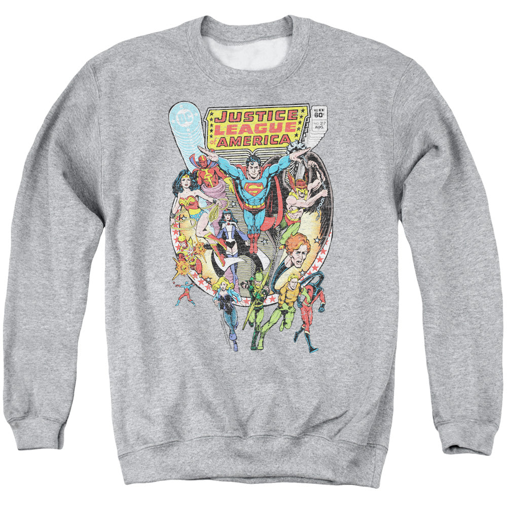 AN OFFCIALLY LICENSED JLA TEAM UP ADULT UNISEX CREWNECK SWEATSHIRT ATHLETIC HEATHER