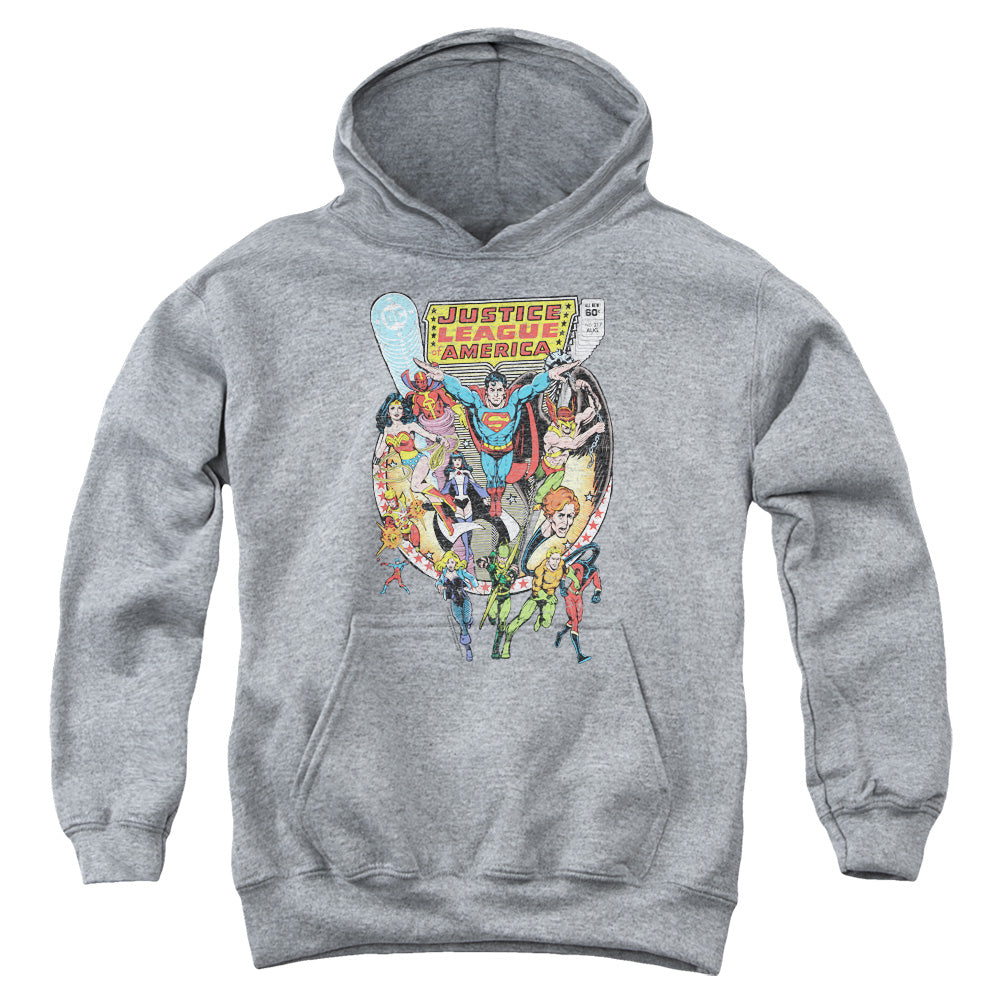 AN OFFCIALLY LICENSED JLA TEAM UP YOUTH HOODIE ATHLETIC HEATHER