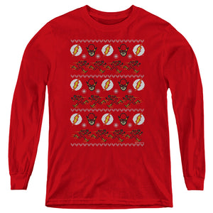 AN OFFCIALLY LICENSED DC FLASH THE FLASH UGLY CHRISTMAS SWEATER 

 YOUTH LONG SLEEVE T-SHIRT RED