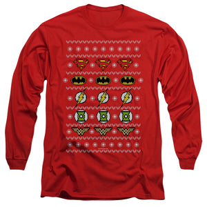 AN OFFCIALLY LICENSED JLA JUSTICE SHIELDS CHRISTMAS SWEATER 

 

 MEN'S LONG SLEEVE T-SHIRT RED