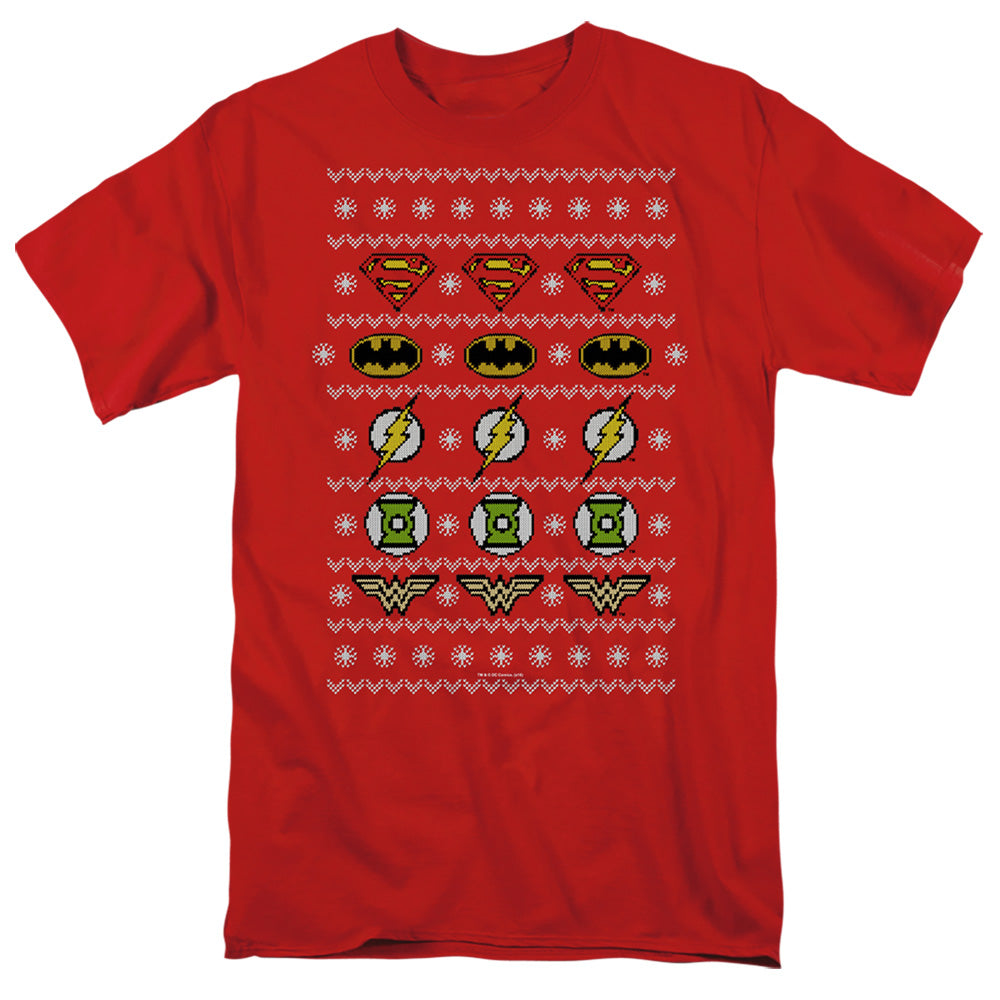 AN OFFCIALLY LICENSED JLA JUSTICE SHIELDS CHRISTMAS SWEATER 

 

 MEN'S REGULAR FIT T-SHIRT RED