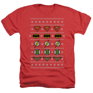AN OFFCIALLY LICENSED JLA JUSTICE SHIELDS CHRISTMAS SWEATER 

 

 MEN'S HEATHER T-SHIRT RED