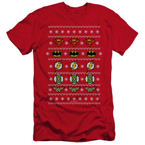 AN OFFCIALLY LICENSED JLA JUSTICE SHIELDS CHRISTMAS SWEATER 

 

 MEN'S PREMIUM SLIM FIT T-SHIRT RED