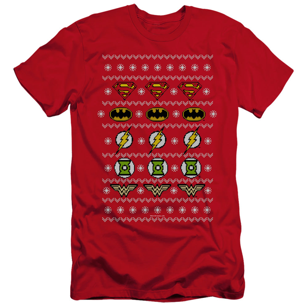 AN OFFCIALLY LICENSED JLA JUSTICE SHIELDS CHRISTMAS SWEATER 

 

 MEN'S PREMIUM SLIM FIT T-SHIRT RED