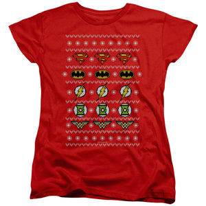 AN OFFCIALLY LICENSED JLA JUSTICE SHIELDS CHRISTMAS SWEATER 

 

 WOMEN'S REGULAR FIT T-SHIRT RED