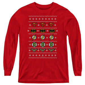 AN OFFCIALLY LICENSED JLA JUSTICE SHIELDS CHRISTMAS SWEATER 

 

 YOUTH LONG SLEEVE T-SHIRT RED