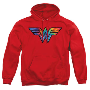 AN OFFCIALLY LICENSED DC WONDER WOMAN WONDER WOMAN TIE DYE LOGO ADULT UNISEX PULLOVER HOODIE RED