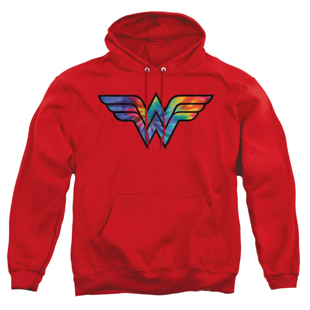 AN OFFCIALLY LICENSED DC WONDER WOMAN WONDER WOMAN TIE DYE LOGO ADULT UNISEX PULLOVER HOODIE RED