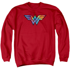 AN OFFCIALLY LICENSED DC WONDER WOMAN WONDER WOMAN TIE DYE LOGO ADULT UNISEX CREWNECK SWEATSHIRT RED