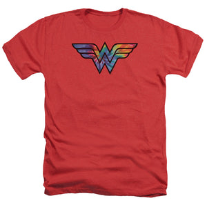AN OFFCIALLY LICENSED DC WONDER WOMAN WONDER WOMAN TIE DYE LOGO MEN'S HEATHER T-SHIRT RED