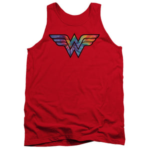 AN OFFCIALLY LICENSED DC WONDER WOMAN WONDER WOMAN TIE DYE LOGO ADULT UNISEX TANK TOP RED