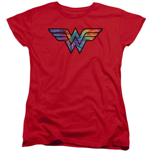 AN OFFCIALLY LICENSED DC WONDER WOMAN WONDER WOMAN TIE DYE LOGO WOMEN'S REGULAR FIT T-SHIRT RED