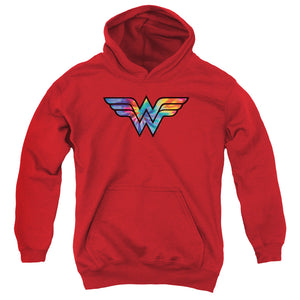 AN OFFCIALLY LICENSED DC WONDER WOMAN WONDER WOMAN TIE DYE LOGO YOUTH HOODIE RED