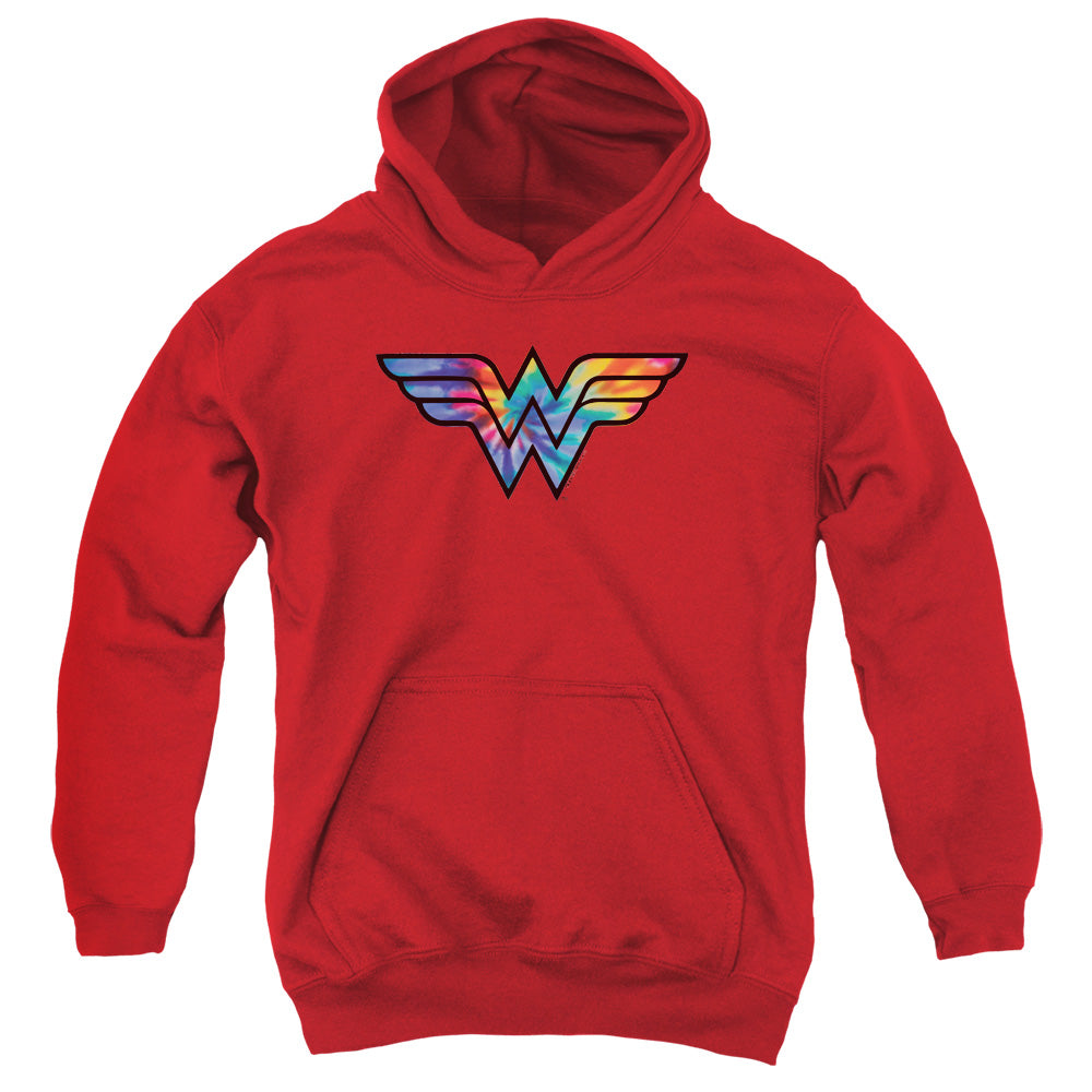 AN OFFCIALLY LICENSED DC WONDER WOMAN WONDER WOMAN TIE DYE LOGO YOUTH HOODIE RED