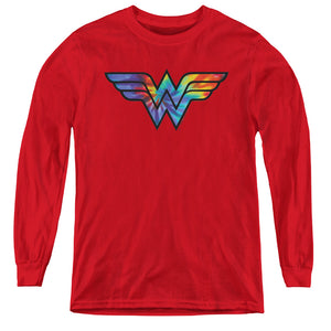 AN OFFCIALLY LICENSED DC WONDER WOMAN WONDER WOMAN TIE DYE LOGO YOUTH LONG SLEEVE T-SHIRT RED