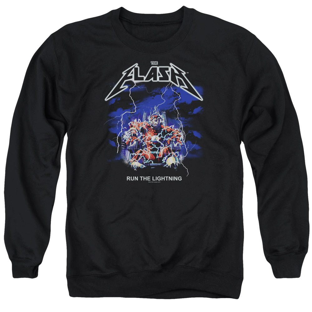 AN OFFCIALLY LICENSED DC FLASH RUN THE LIGHTNING ADULT UNISEX CREWNECK SWEATSHIRT BLACK