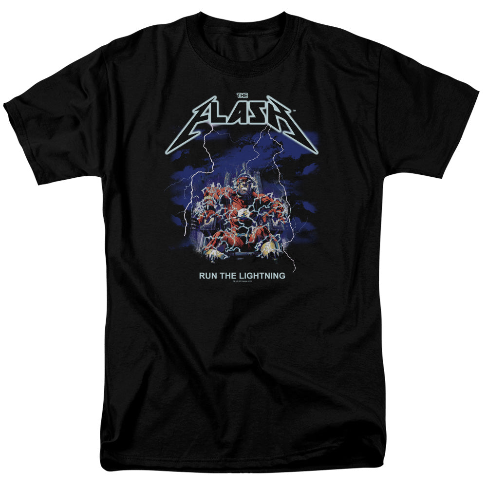 AN OFFCIALLY LICENSED DC FLASH RUN THE LIGHTNING MEN'S REGULAR FIT T-SHIRT BLACK