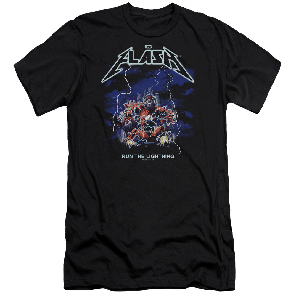 AN OFFCIALLY LICENSED DC FLASH RUN THE LIGHTNING MEN'S PREMIUM SLIM FIT T-SHIRT BLACK