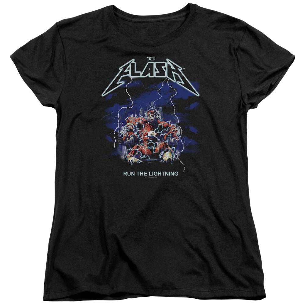 AN OFFCIALLY LICENSED DC FLASH RUN THE LIGHTNING WOMEN'S REGULAR FIT T-SHIRT BLACK