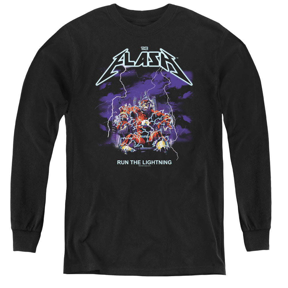 AN OFFCIALLY LICENSED DC FLASH RUN THE LIGHTNING YOUTH LONG SLEEVE T-SHIRT BLACK