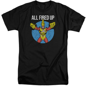 AN OFFCIALLY LICENSED JLA FIRESTORMS PARTY MEN'S TALL FIT T-SHIRT BLACK