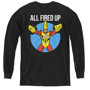 AN OFFCIALLY LICENSED JLA FIRESTORMS PARTY YOUTH LONG SLEEVE T-SHIRT BLACK