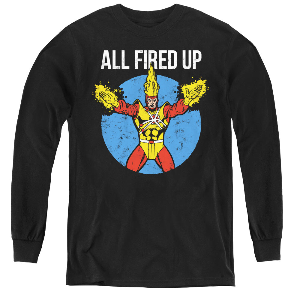 AN OFFCIALLY LICENSED JLA FIRESTORMS PARTY YOUTH LONG SLEEVE T-SHIRT BLACK