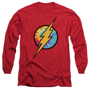 AN OFFCIALLY LICENSED DC FLASH TIE DYE FLASH LOGO MEN'S LONG SLEEVE T-SHIRT RED