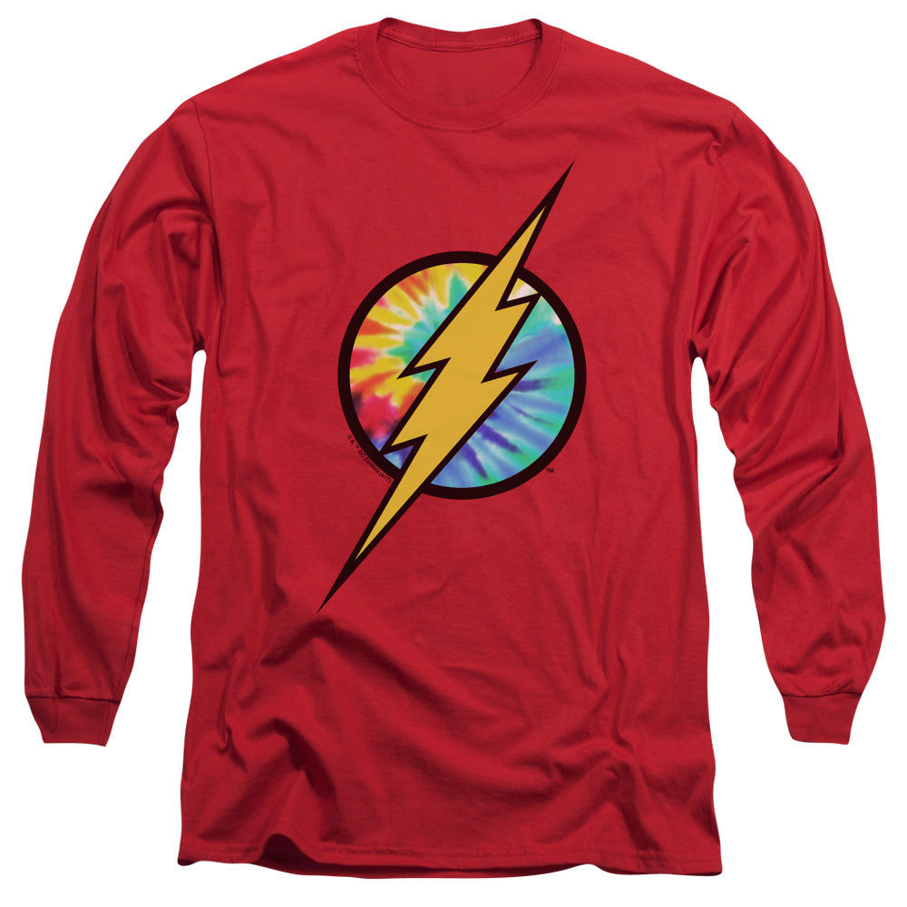 AN OFFCIALLY LICENSED DC FLASH TIE DYE FLASH LOGO MEN'S LONG SLEEVE T-SHIRT RED