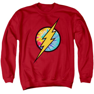 AN OFFCIALLY LICENSED DC FLASH TIE DYE FLASH LOGO ADULT UNISEX CREWNECK SWEATSHIRT RED